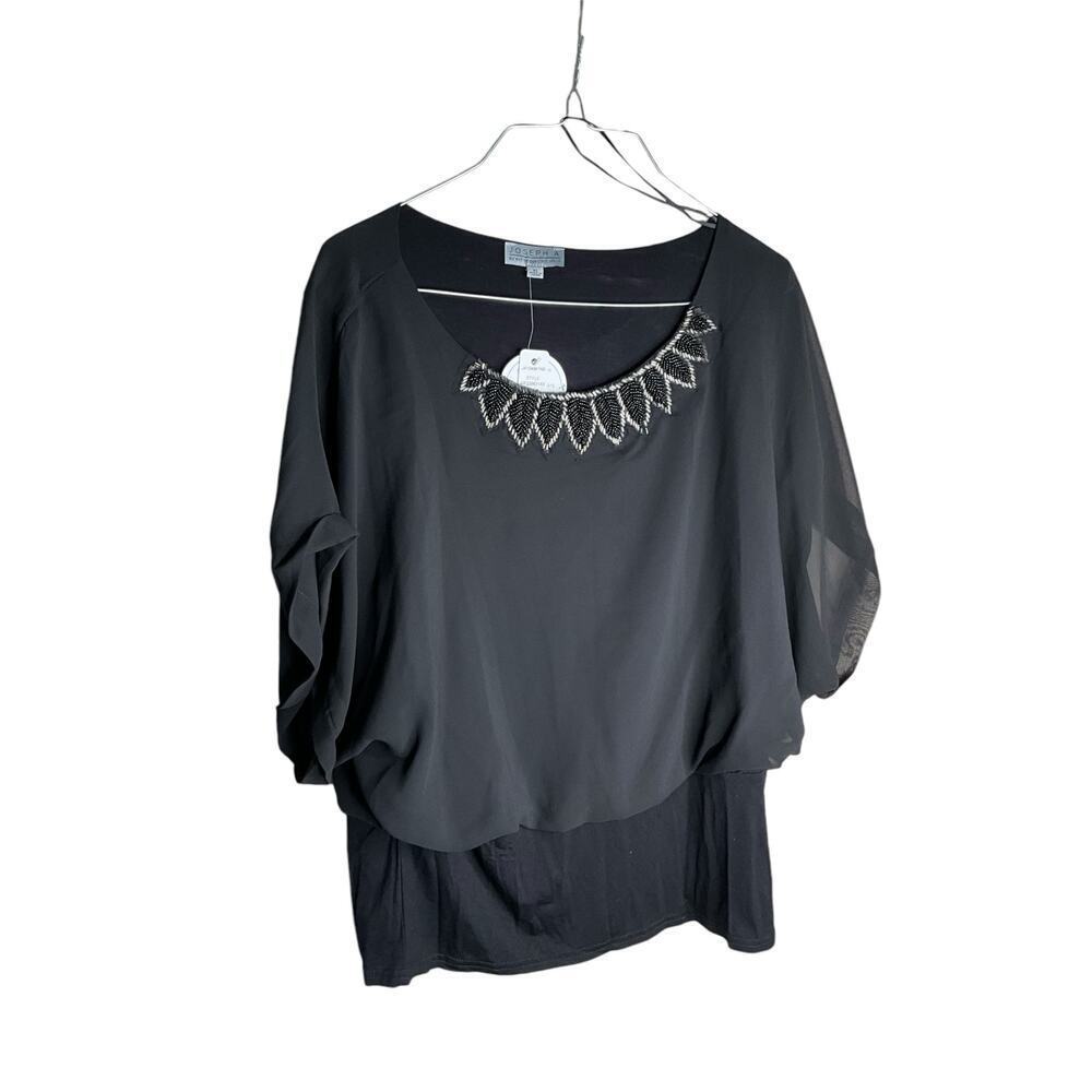 Joseph A. Beaded Scooped Neck Top Blouse Dolman Sleeve Sheer Black Womens XL NWT